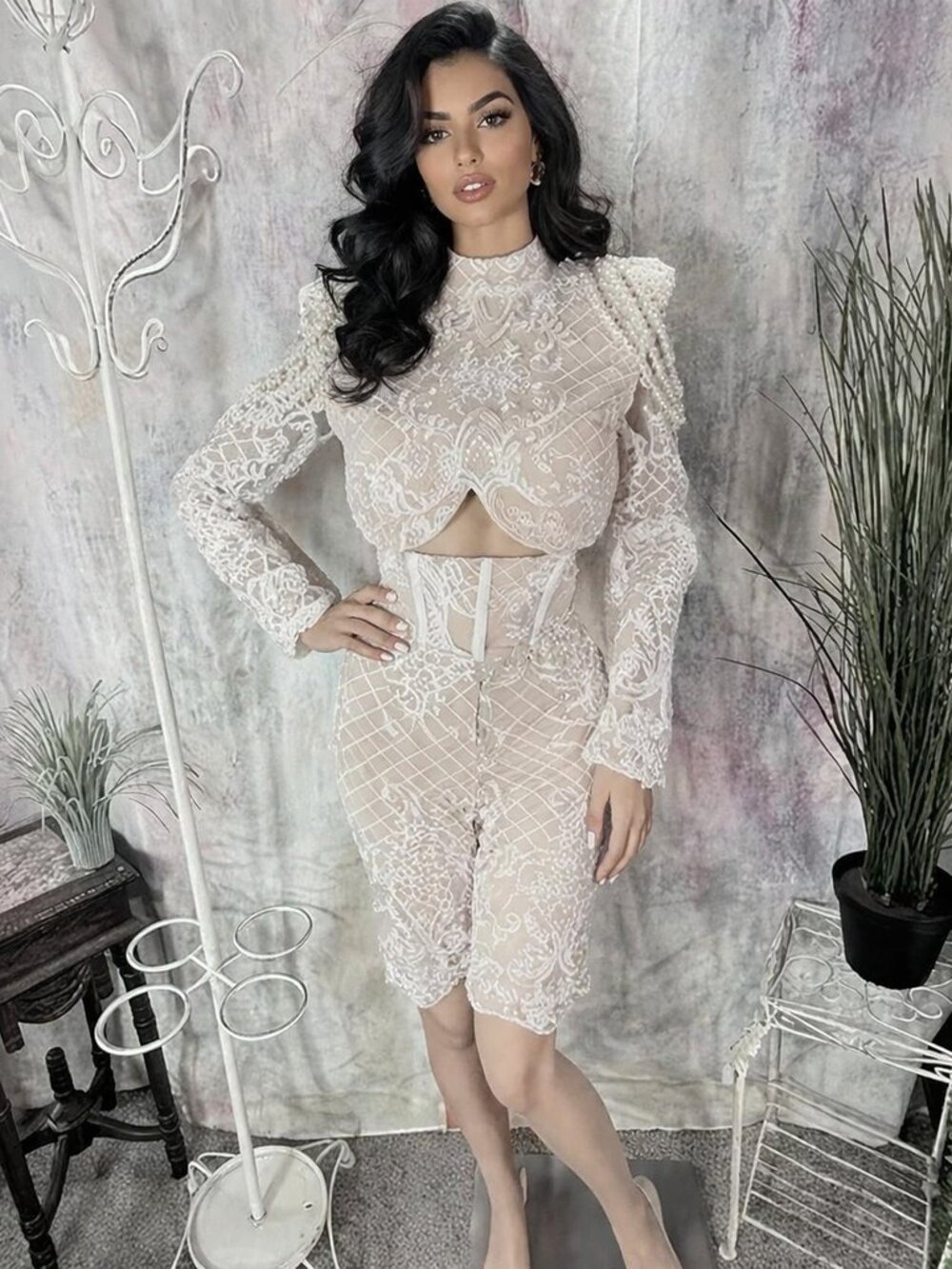 New📌 Blithe Outstanding Lace Creme & White High Waistline Shorts Sexy Party Set